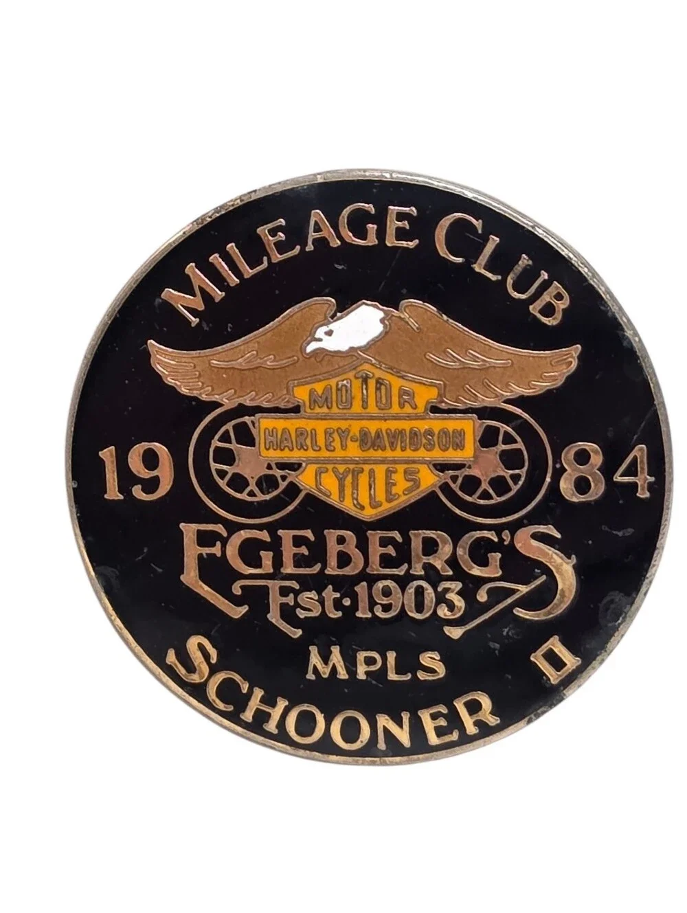 Harley Davidson Vintage 80s Mileage Club Pin Egeberg's In Minneapolis Minnesota